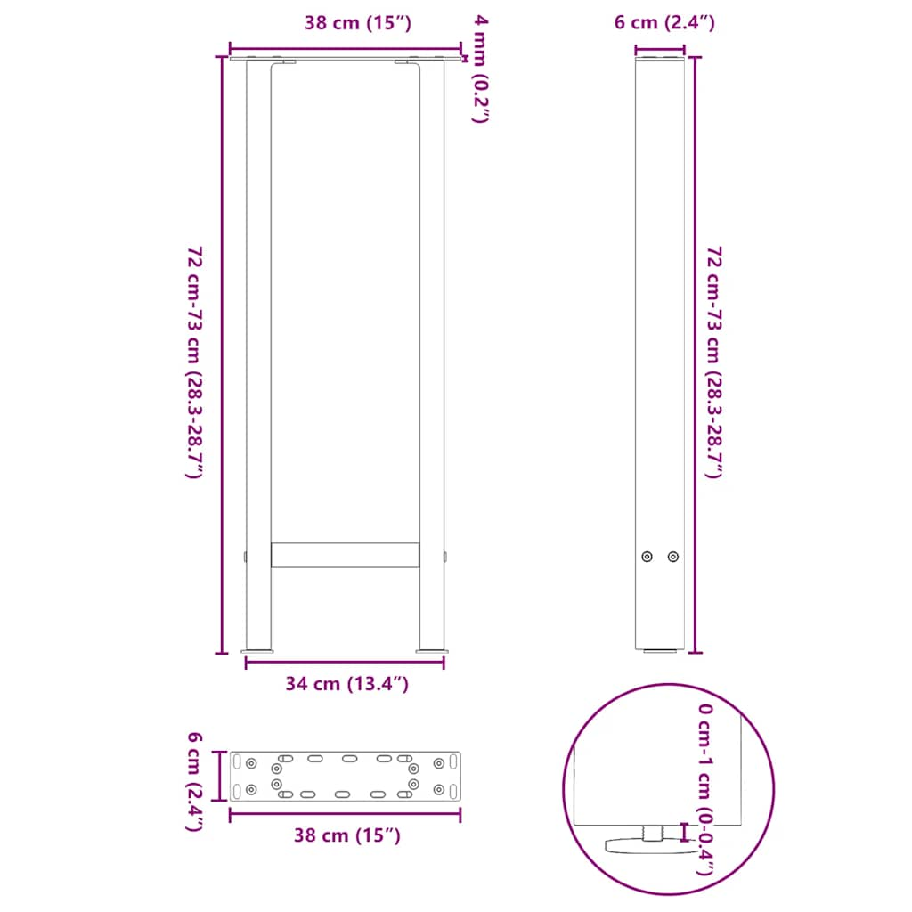 Salontafelpoten 2 st 38x(72-73) cm staal antraciet