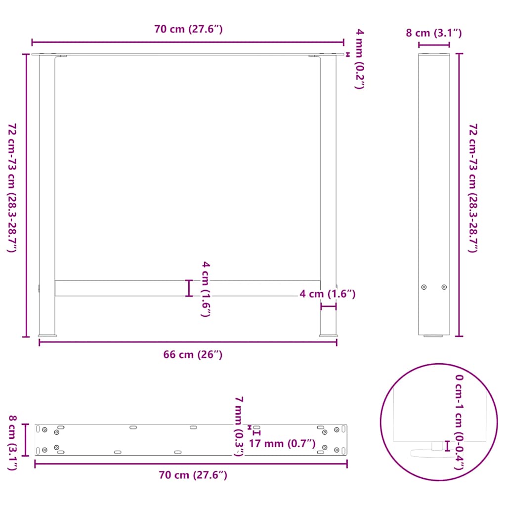 Salontafelpoten 2 st 70x(72-73) cm staal wit