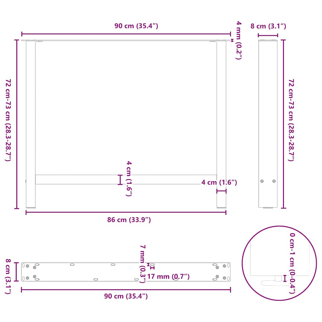 Salontafelpoten 2 st 90x(72-73) cm staal wit