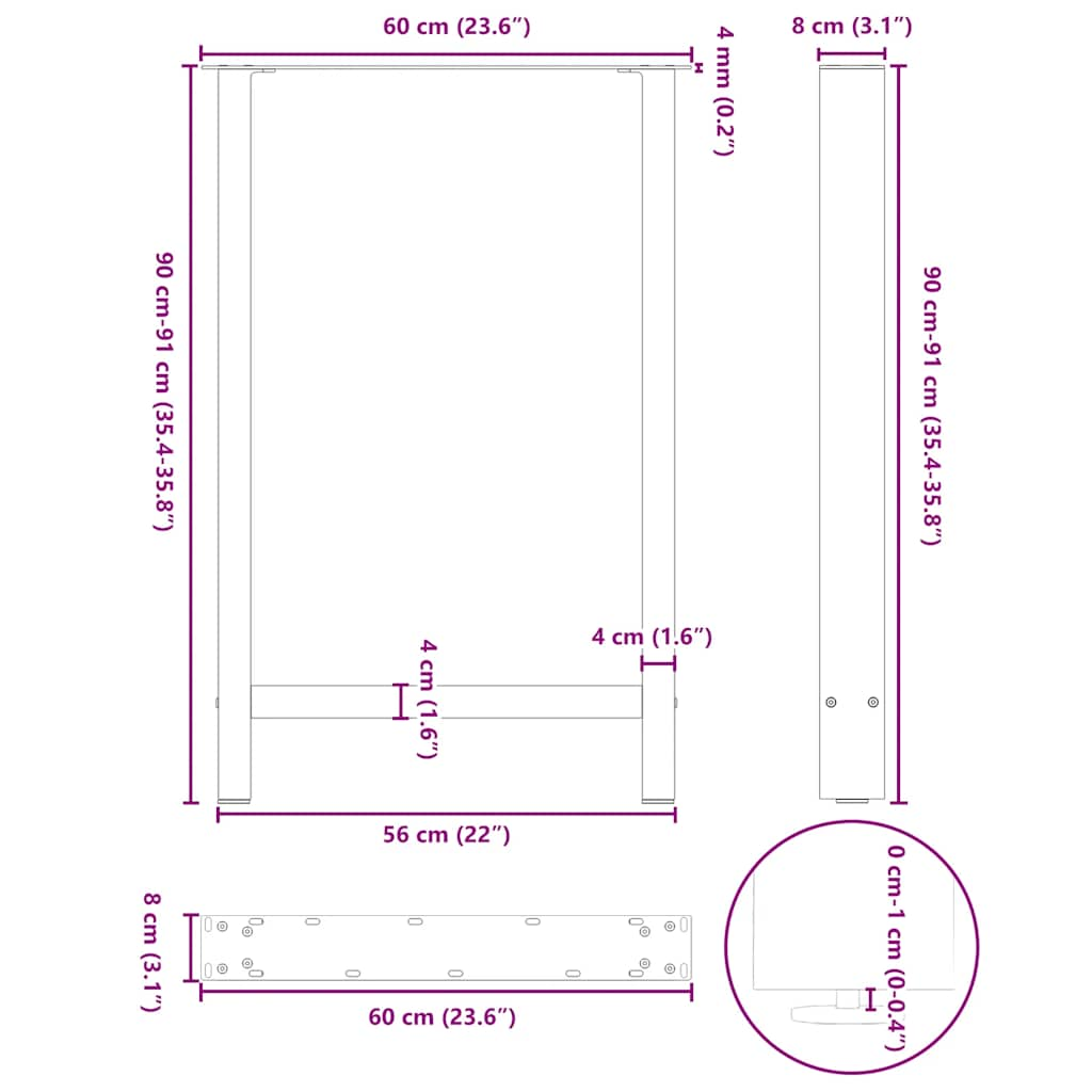 Salontafelpoten 2 st 60x(90-91) cm staal wit