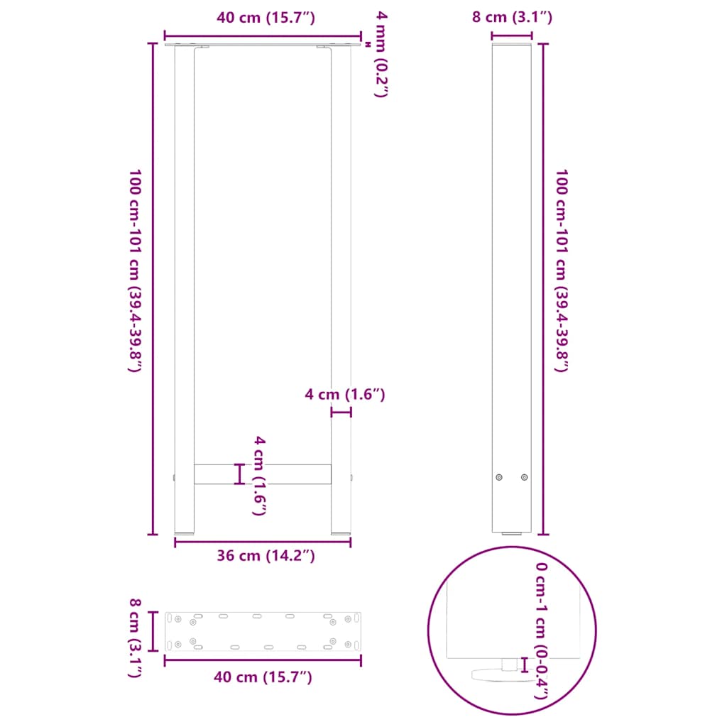 Salontafelpoten 2 st 40x(100-101) cm staal zwart