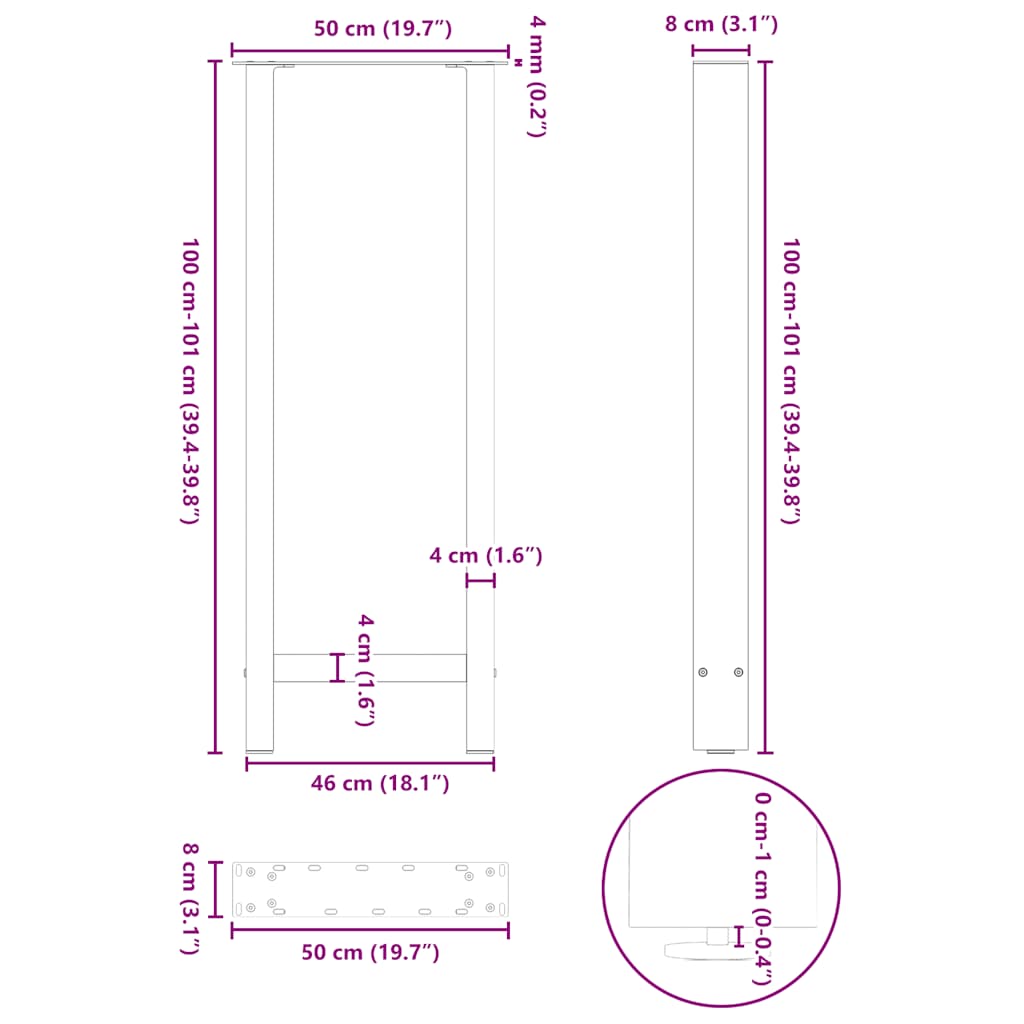 Salontafelpoten 2 st 50x(100-101) cm staal antraciet