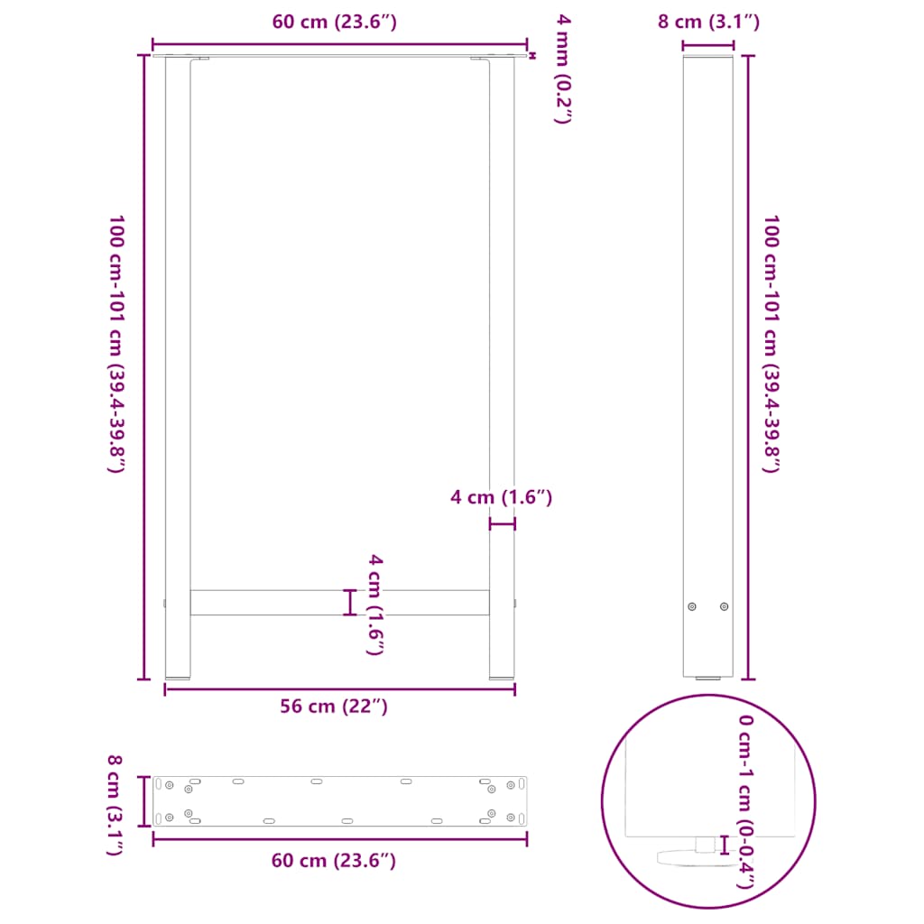 Salontafelpoten 2 st 60x(100-101) cm staal wit