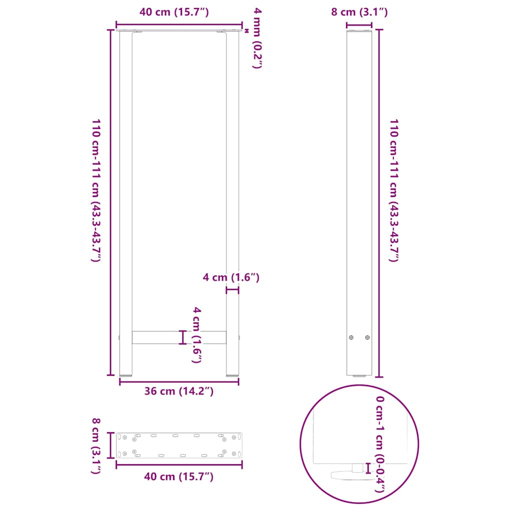 Salontafelpoten 2 st 40x(110-111) cm staal zwart