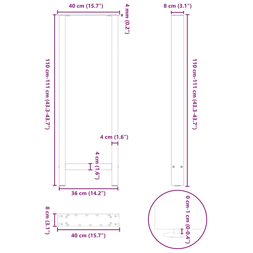 Salontafelpoten 2 st 40x(110-111) cm staal wit