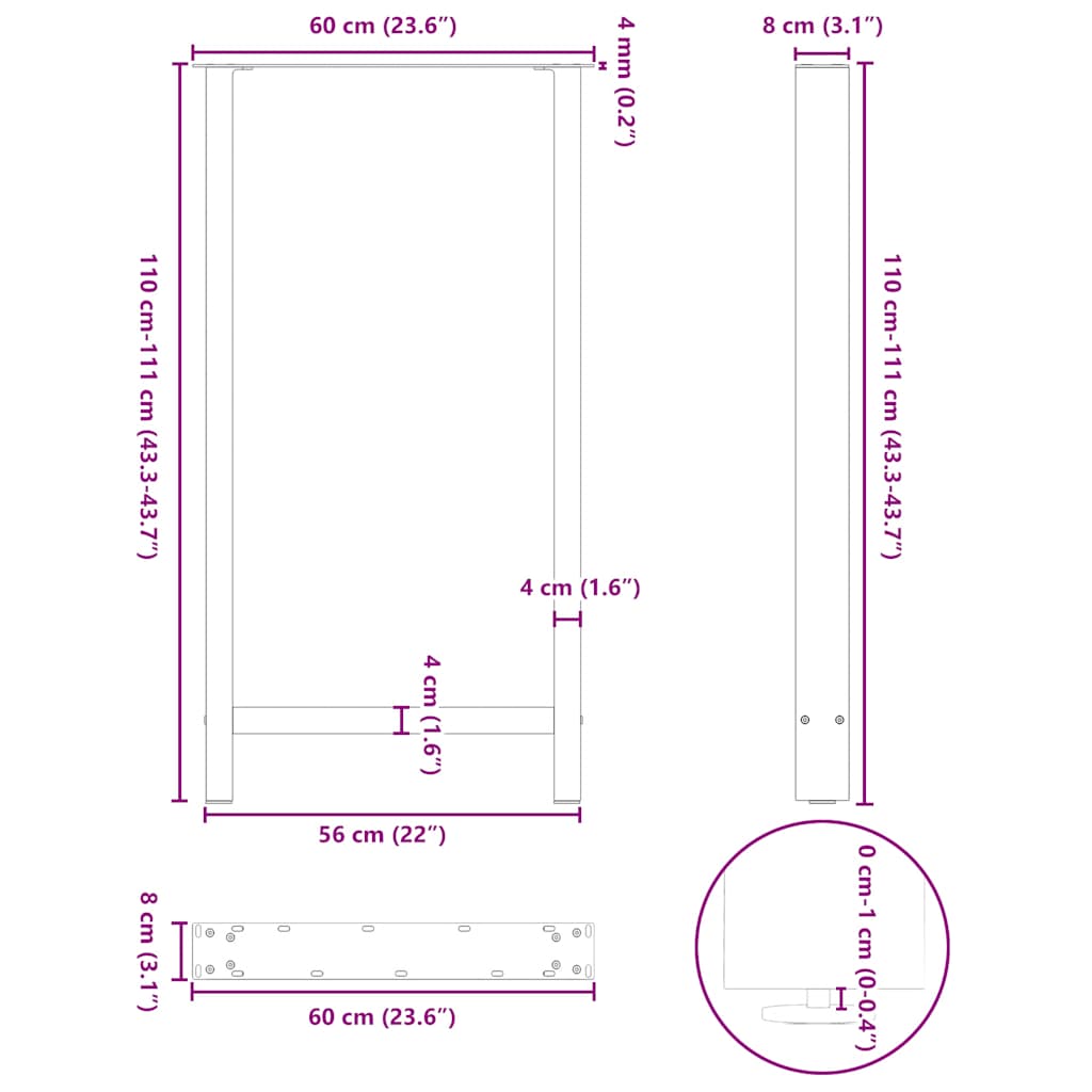 Salontafelpoten 2 st 60x(110-111) cm staal wit