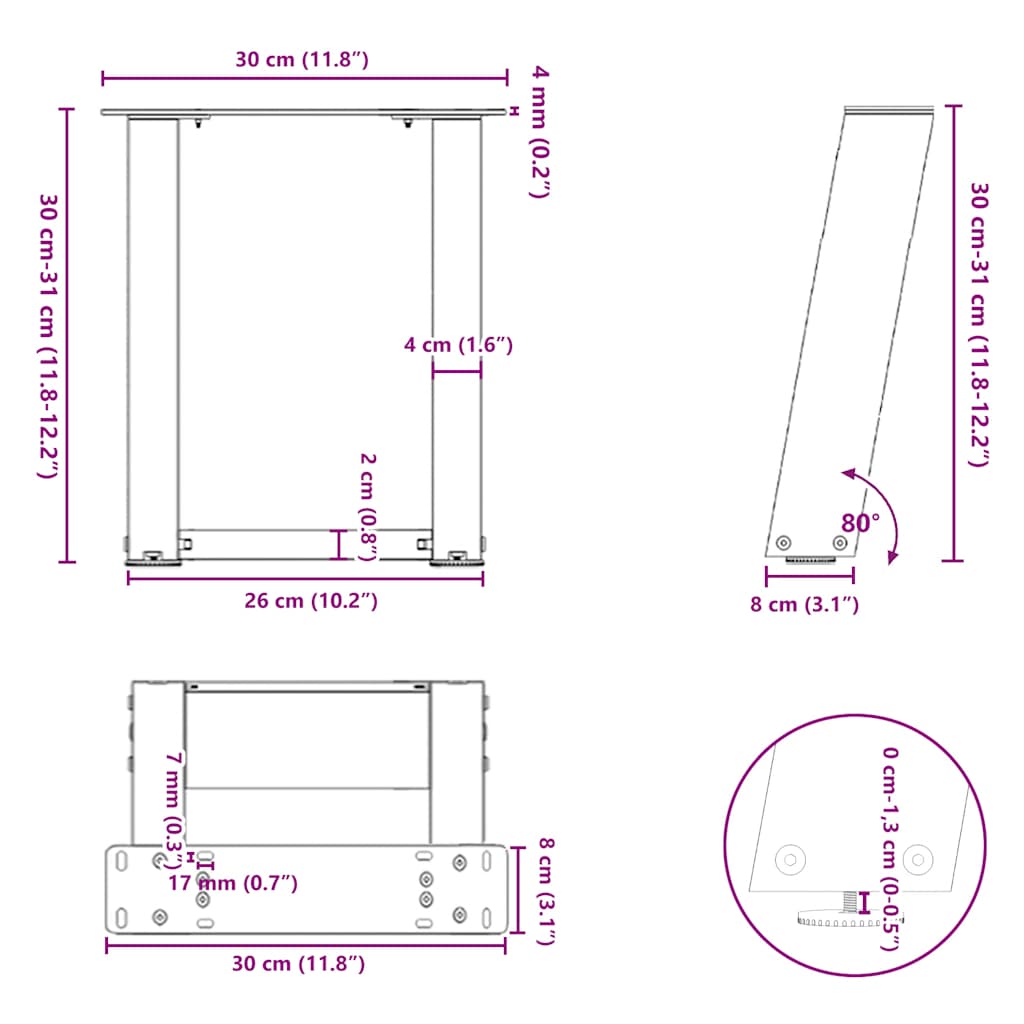 Salontafelpoten 2 st U-vormig 30x(30-31) cm staal zwart