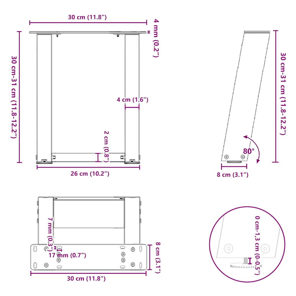 Salontafelpoten 2 st U-vormig 30x(30-31) cm staal wit