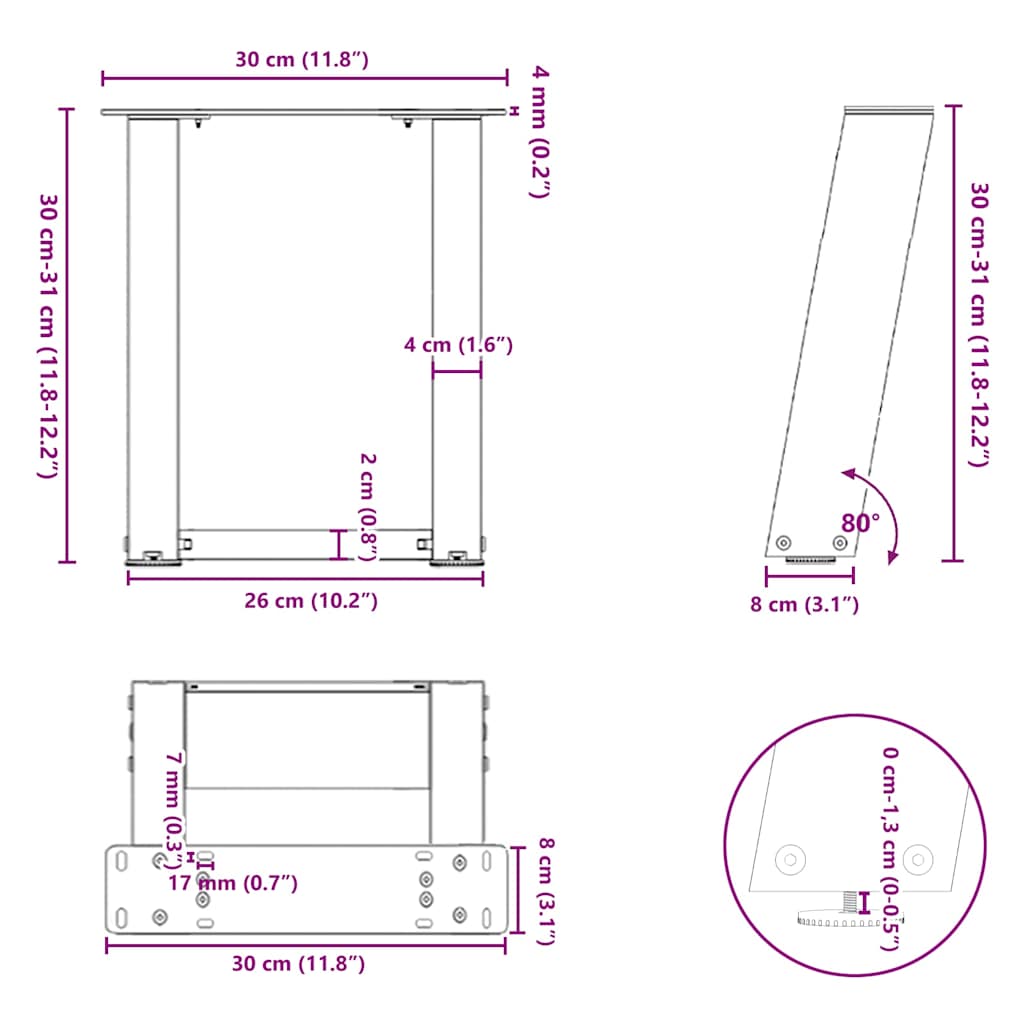 Salontafelpoten 2 st U-vormig 30x(30-31) cm staal antraciet