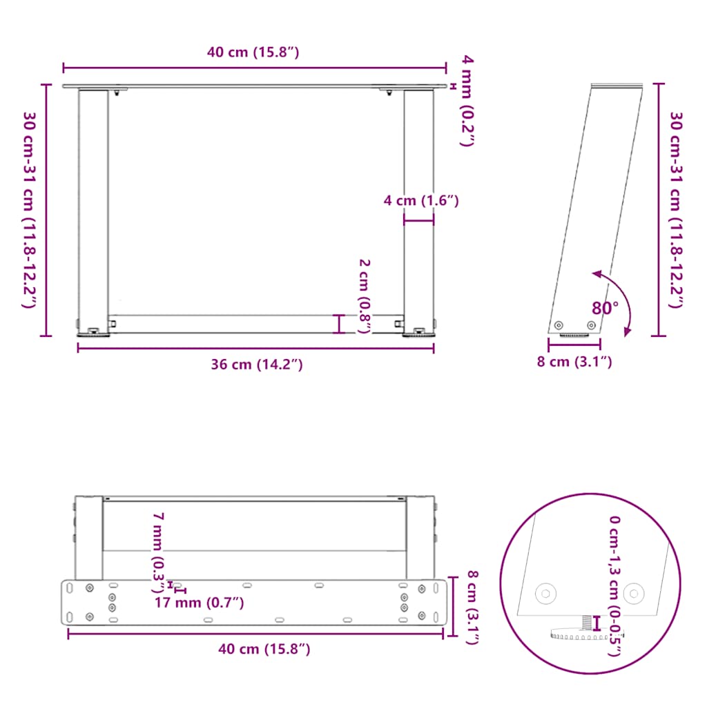 Salontafelpoten 2 st U-vormig 40x(30-31) cm staal wit