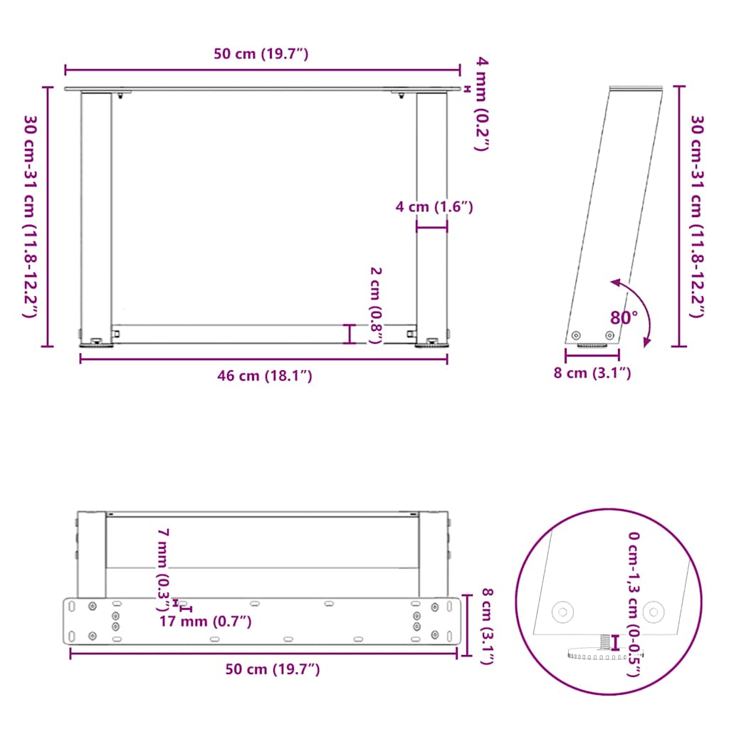 Salontafelpoten 2 st U-vormig 50x(30-31) cm staal zwart