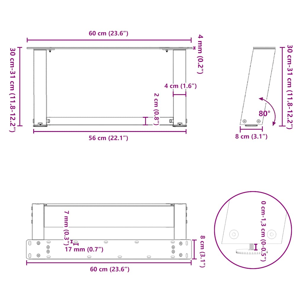 Salontafelpoten 2 st U-vormig 60x(30-31) cm staal zwart