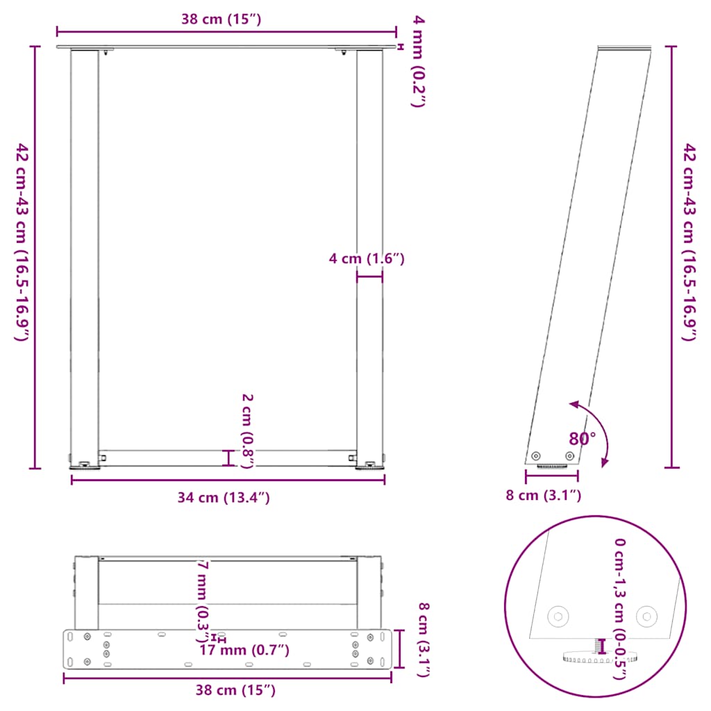 Salontafelpoten 2 st U-vormig 38x(42-43) cm staal zwart