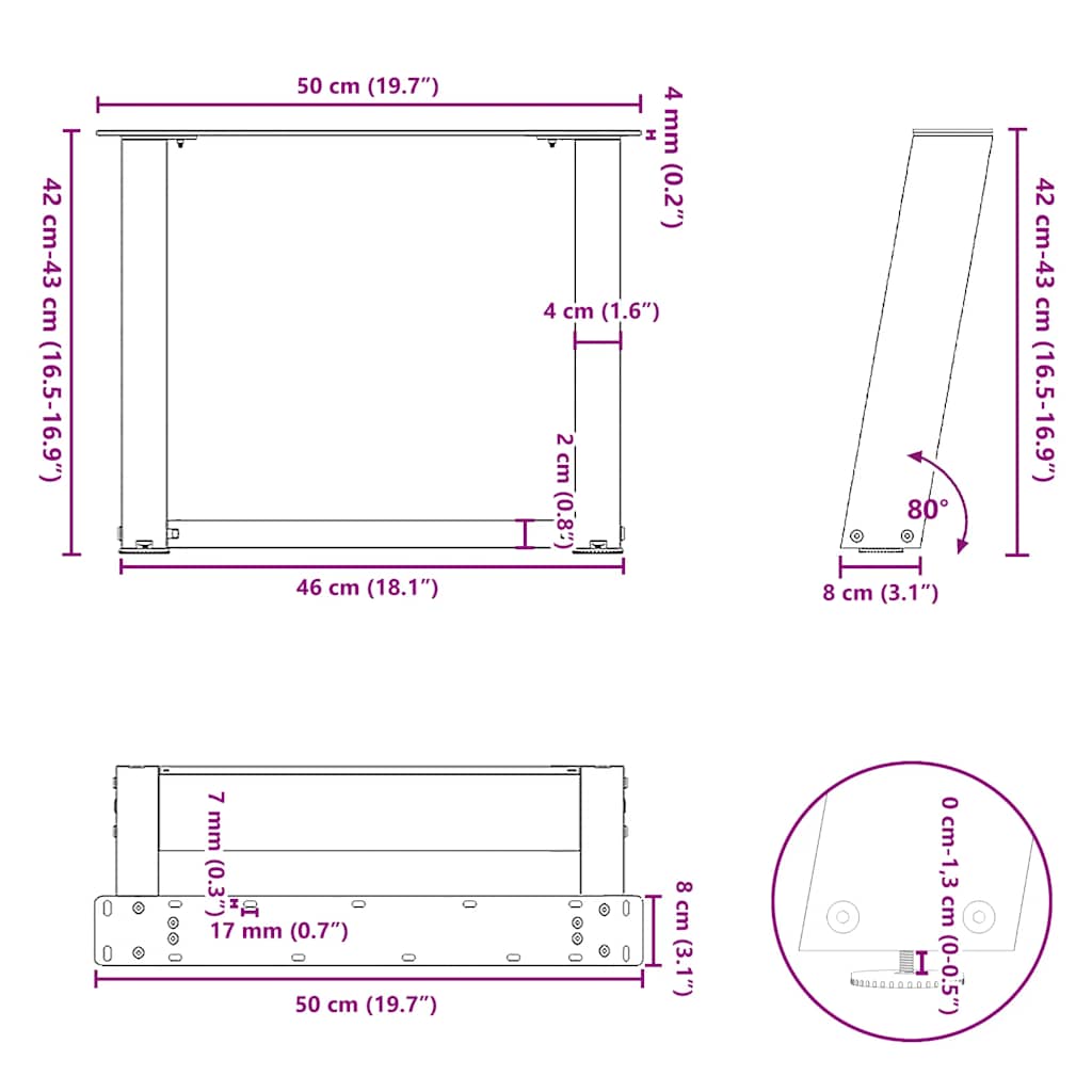 Salontafelpoten 2 st U-vormig 50x(42-43) cm staal zwart