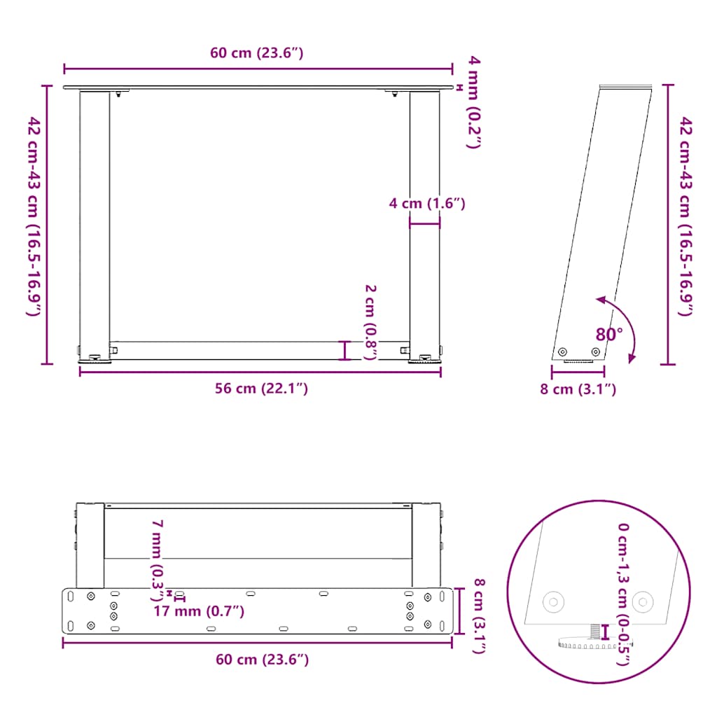 Salontafelpoten 2 st U-vormig 60x(42-43) cm staal wit