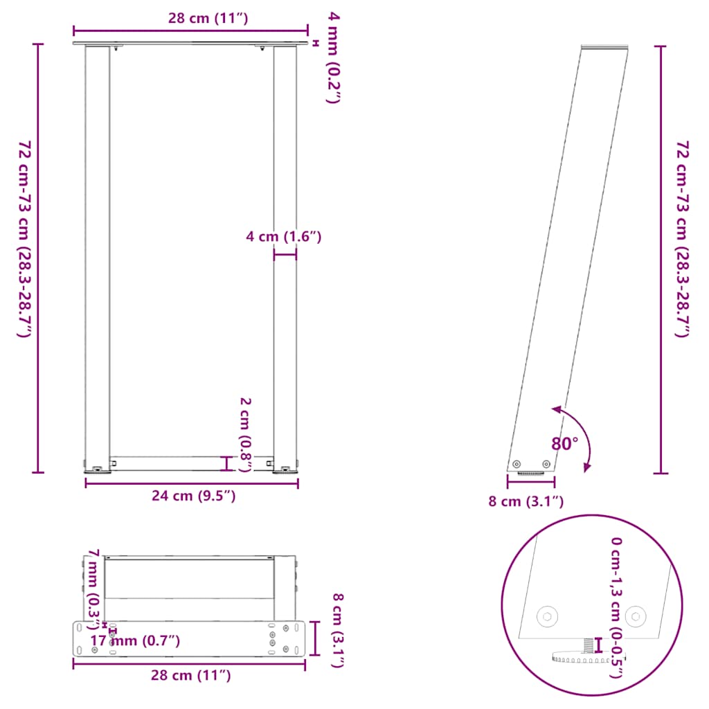 Console tafelpoten 2 st U-vormig 28x(72-73) cm staal zwart