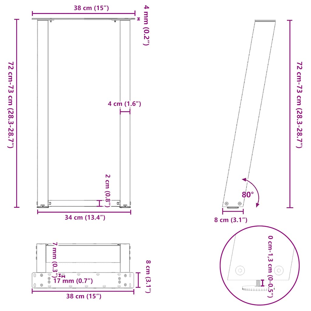 Console tafelpoten 2 st U-vormig 38x(72-73) cm staal zwart