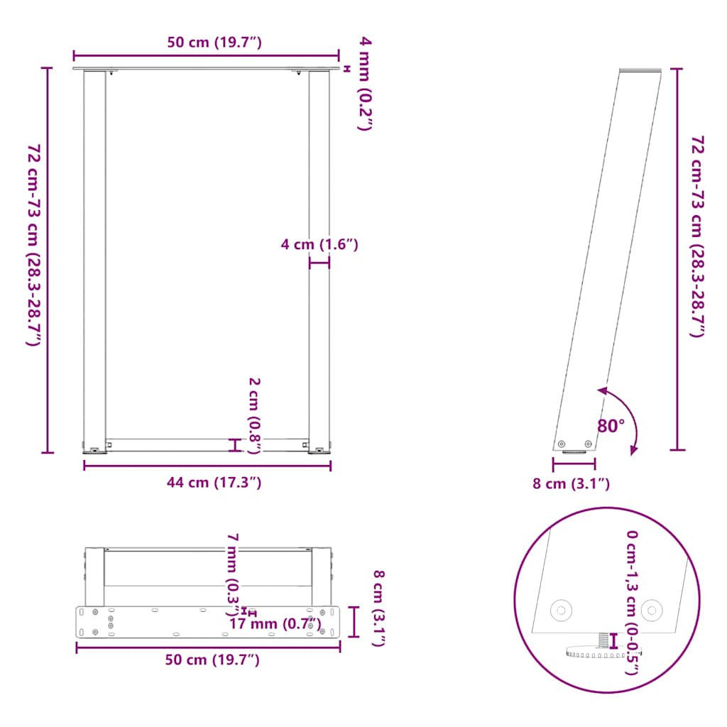 Eettafelpoten 2 st U-vormig 50x(72-73) cm staal wit