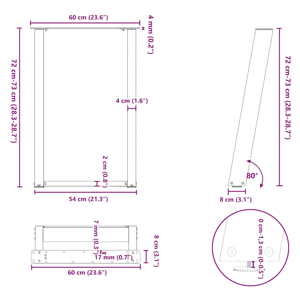 Eettafelpoten 2 st U-vormig 60x(72-73) cm staal zwart