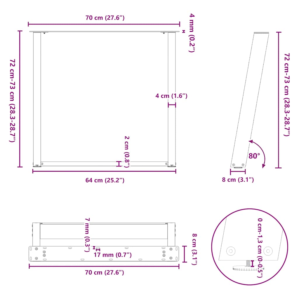 Eettafelpoten 2 st U-vormig 70x(72-73) cm staal zwart