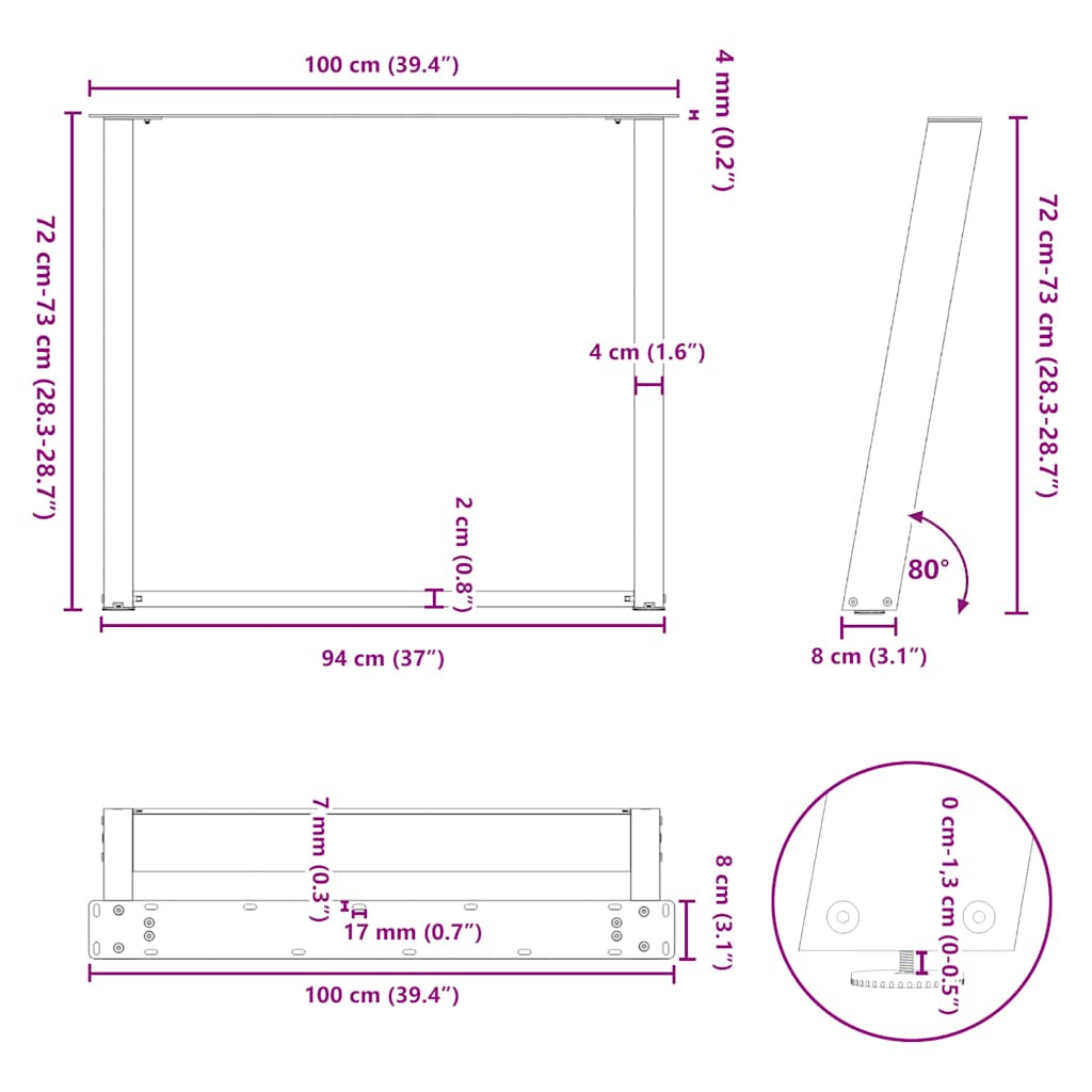 Eettafelpoten 2 st U-vormig 100x(72-73) cm staal wit