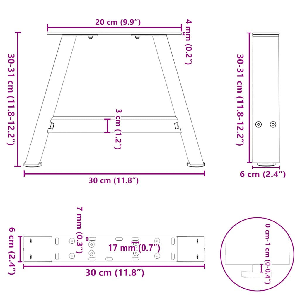 Salontafelpoten 2 st A-vormig 30x(30-31) cm staal wit