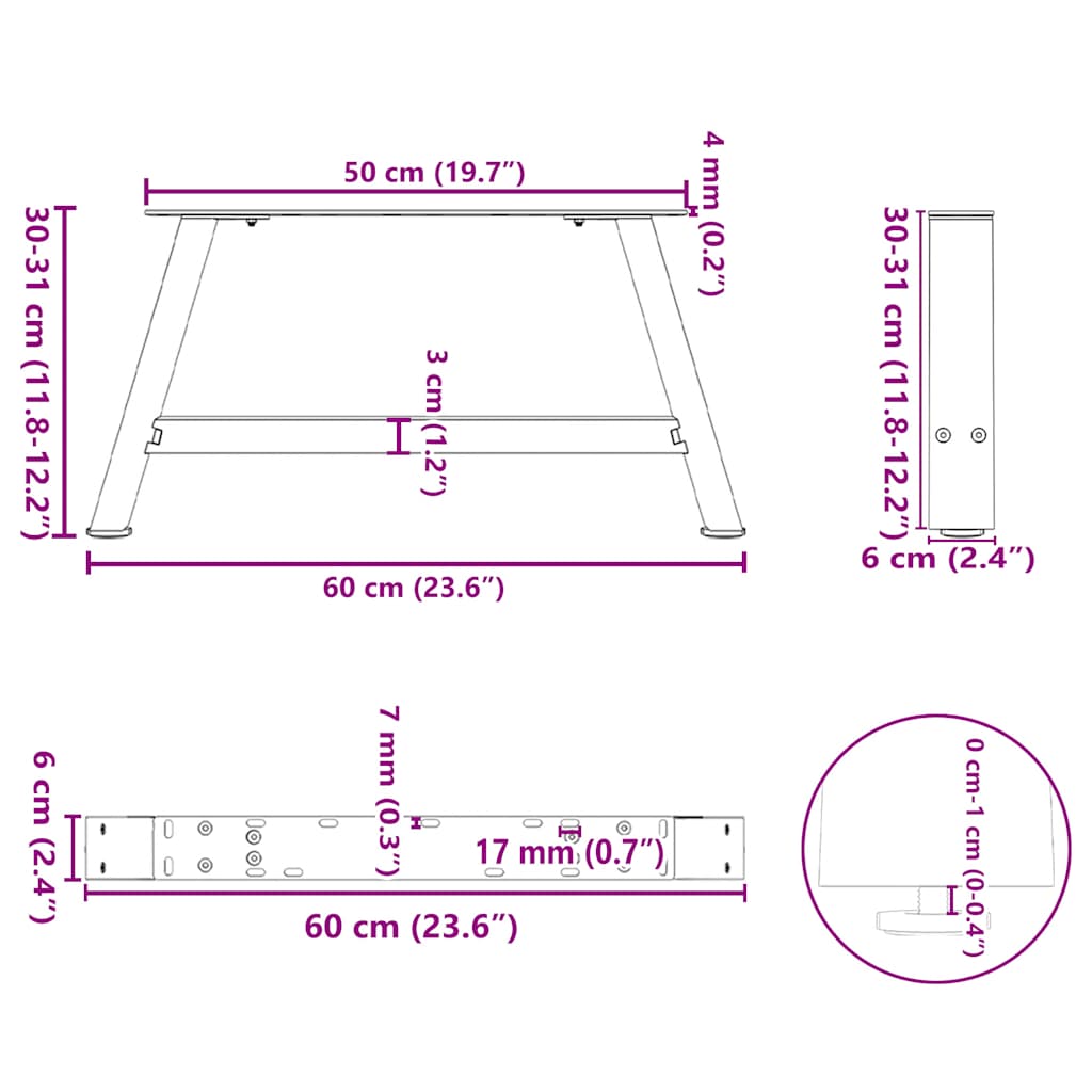 Salontafelpoten 2 st A-vormig 60x(30-31) cm staal zwart