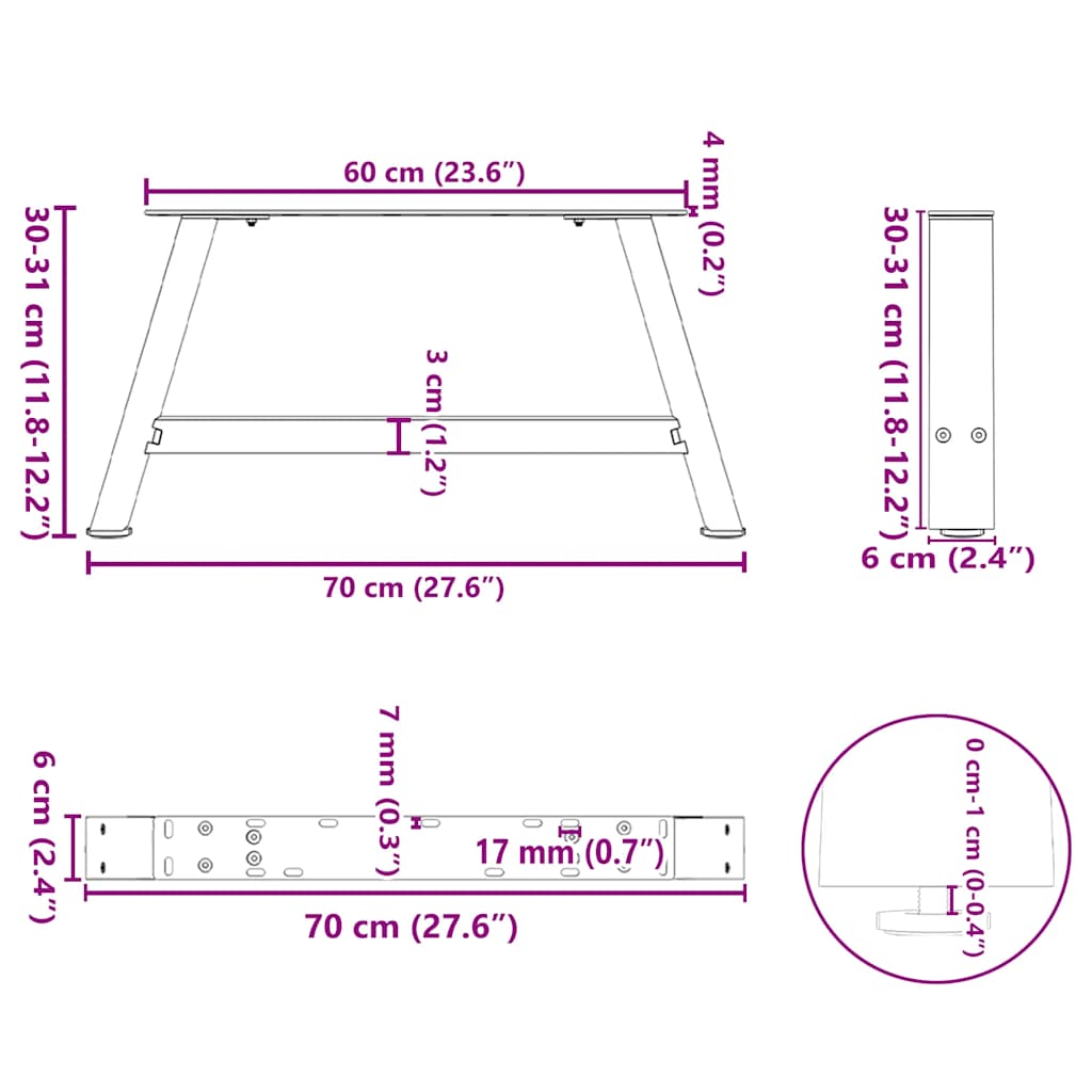 Salontafelpoten 2 st A-vormig 70x(30-31) cm staal zwart