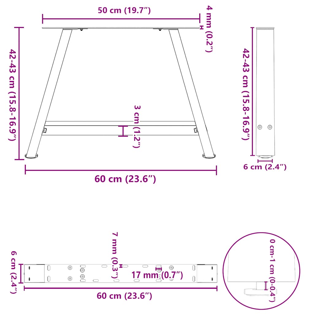 Salontafelpoten 2 st A-vormig 60x(42-43) cm staal wit