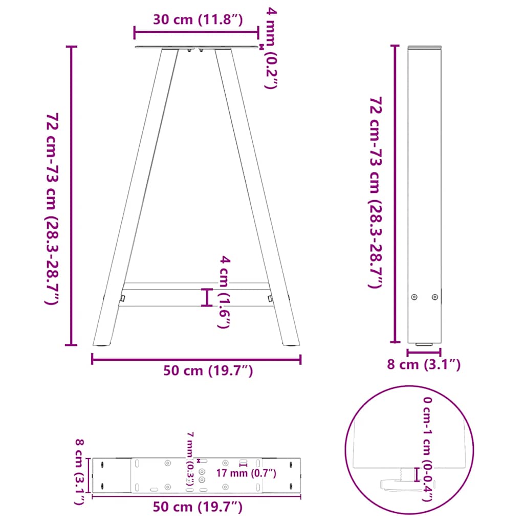 Salontafelpoten 2 st A-vormig 50x(72-73) cm staal wit