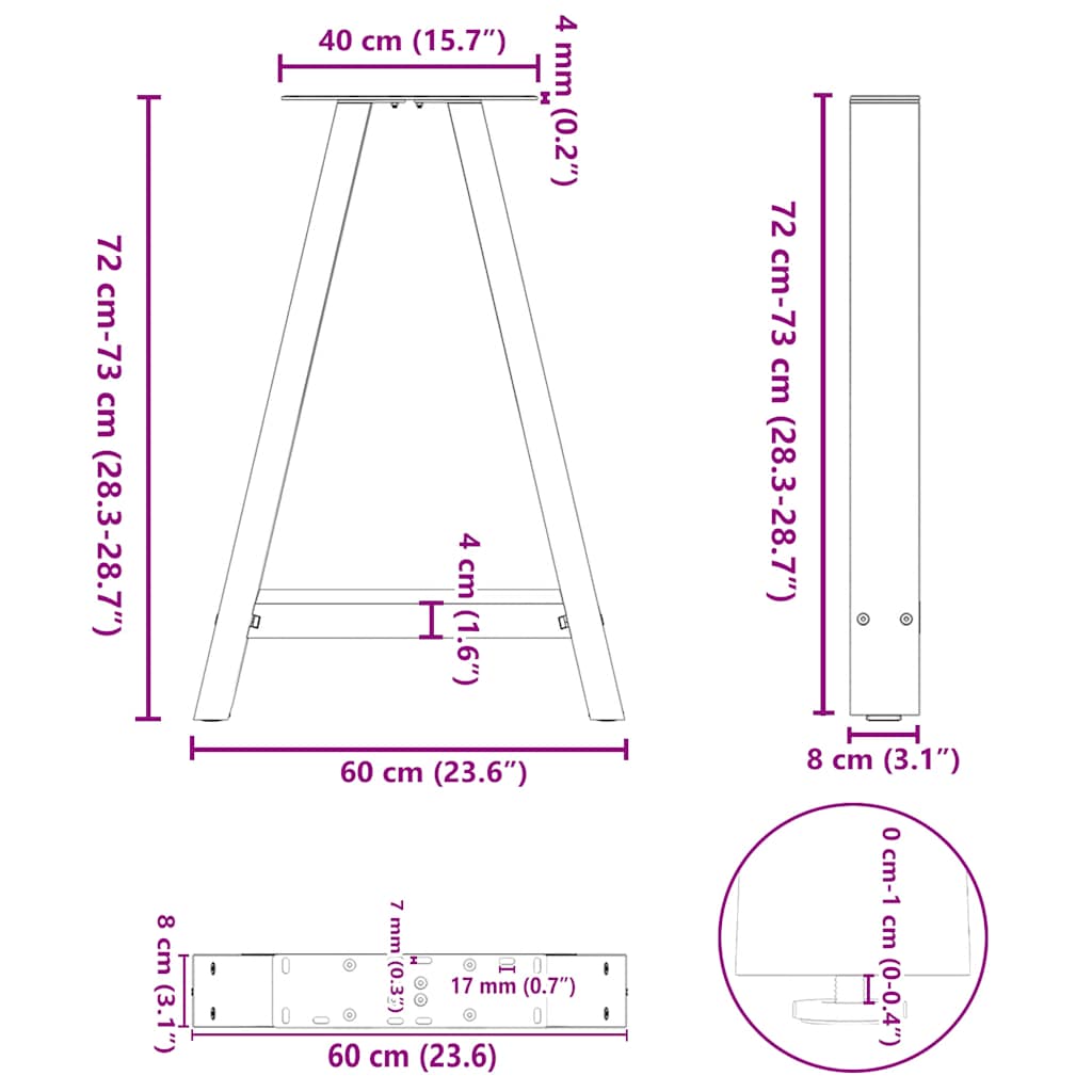 Salontafelpoten 2 st A-vormig 60x(72-73) cm staal zwart