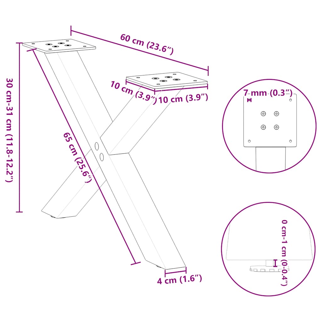 Salontafelpoten 2 st X-vormig 60x(30-31) cm staal zwart