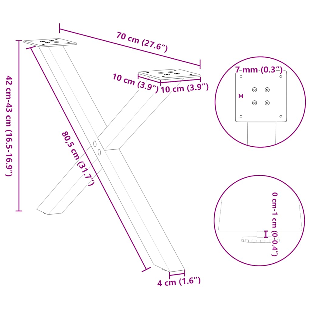 Salontafelpoten 2 st X-vormig 70x(42-43) cm staal zwart