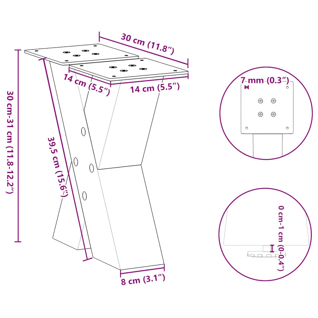 Salontafelpoten 2 st X-vormig 30x(30-31) cm staal zwart