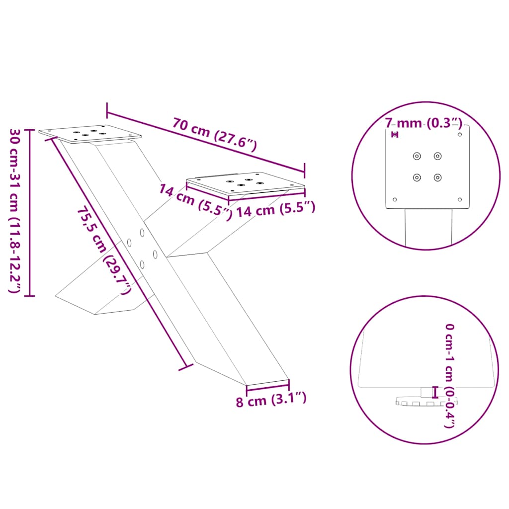 Salontafelpoten 2 st X-vormig 70x(30-31) cm staal zwart