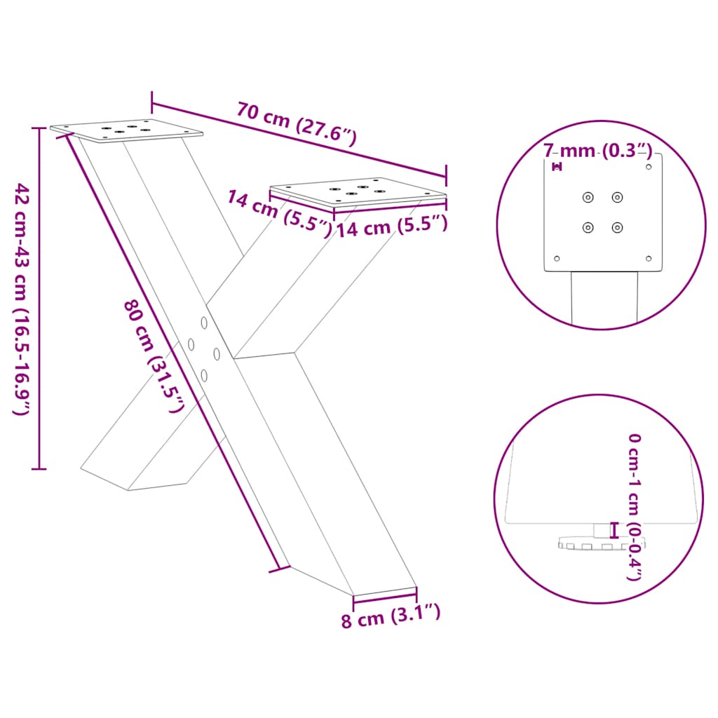 Salontafelpoten 2 st X-vormig 70x(42-43) cm staal zwart