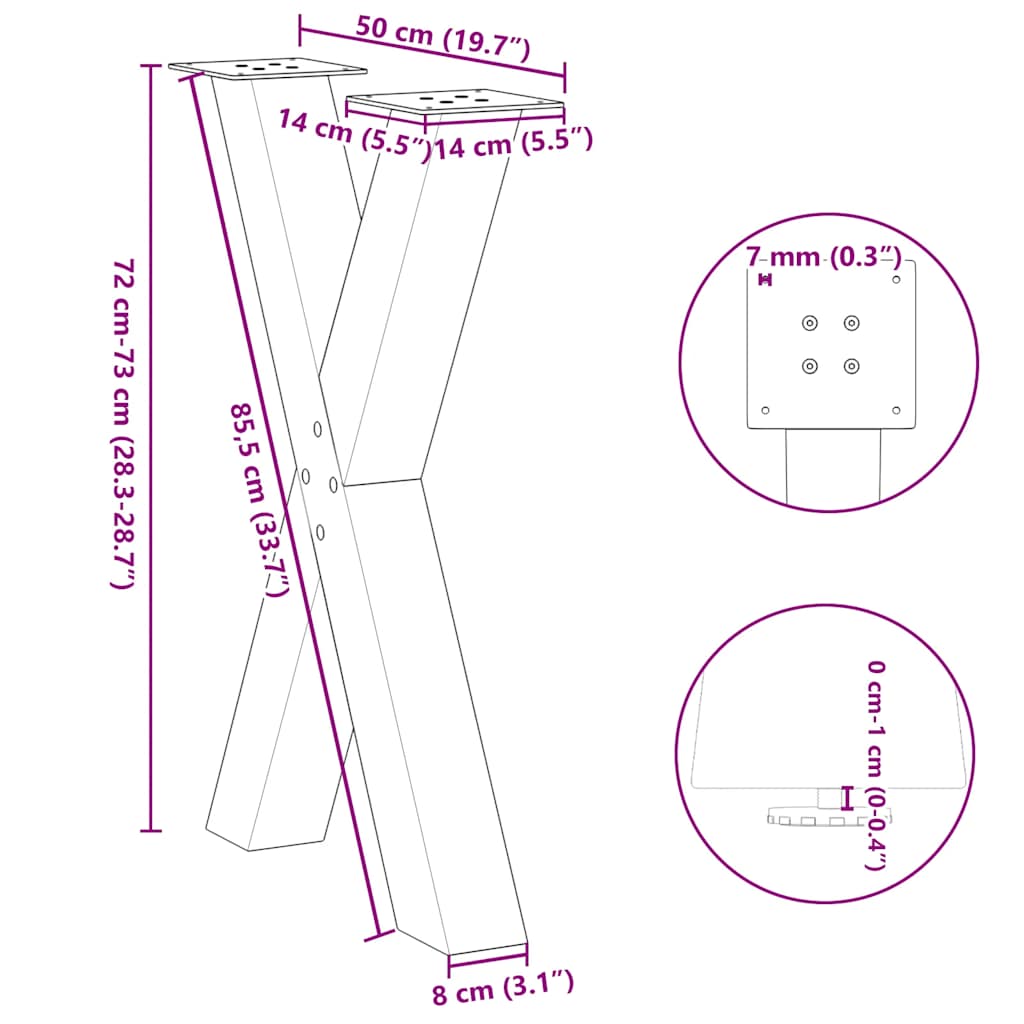 Eettafelpoten 2 st X-vormig 50x(72-73) cm staal zwart