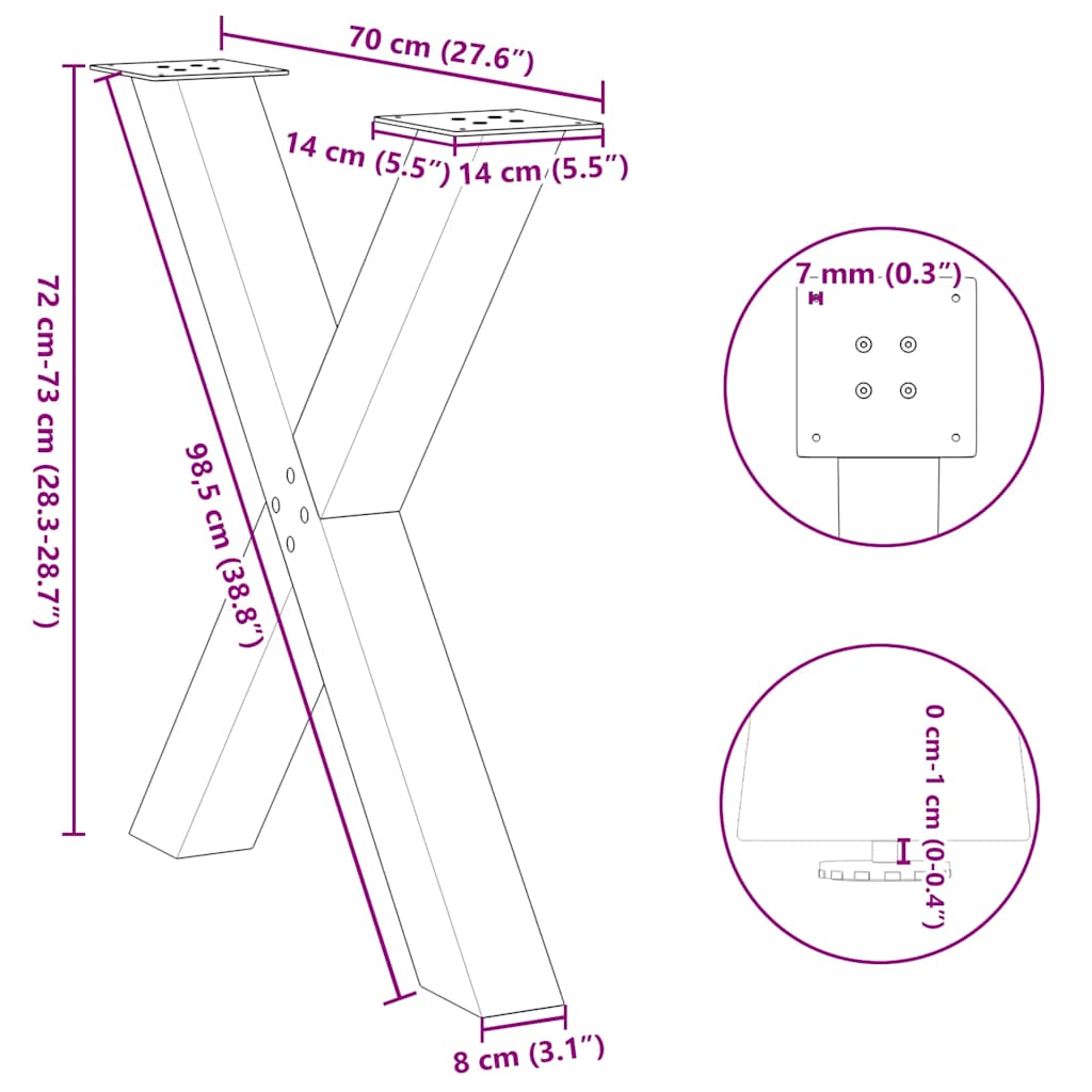 Eettafelpoten 2 st X-vormig 70x(72-73) cm staal zwart