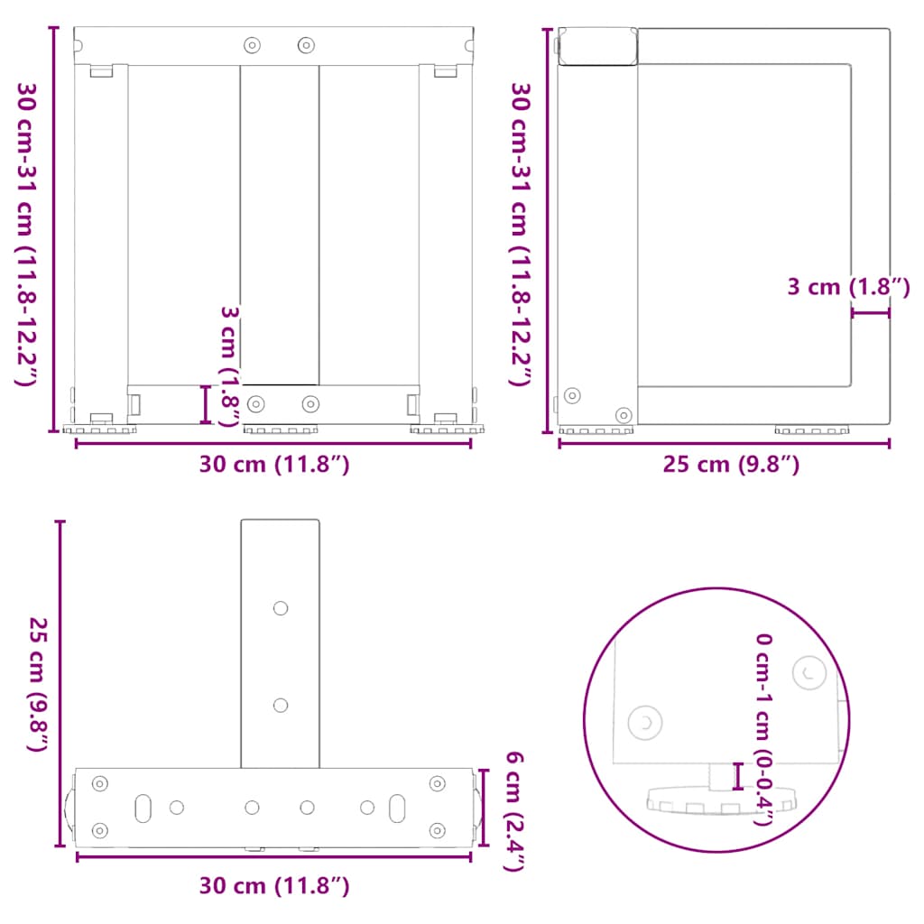 Salontafelpoten 2 st T-vormig 30x25x(30-31) cm staal zwart