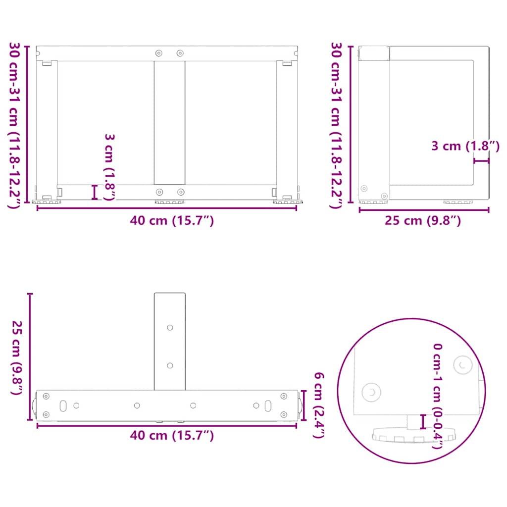 Salontafelpoten 2 st T-vormig 40x25x(30-31) cm staal zwart