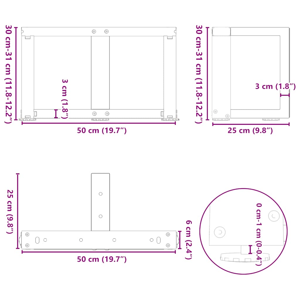 Salontafelpoten 2 st T-vormig 50x25x(30-31) cm staal zwart