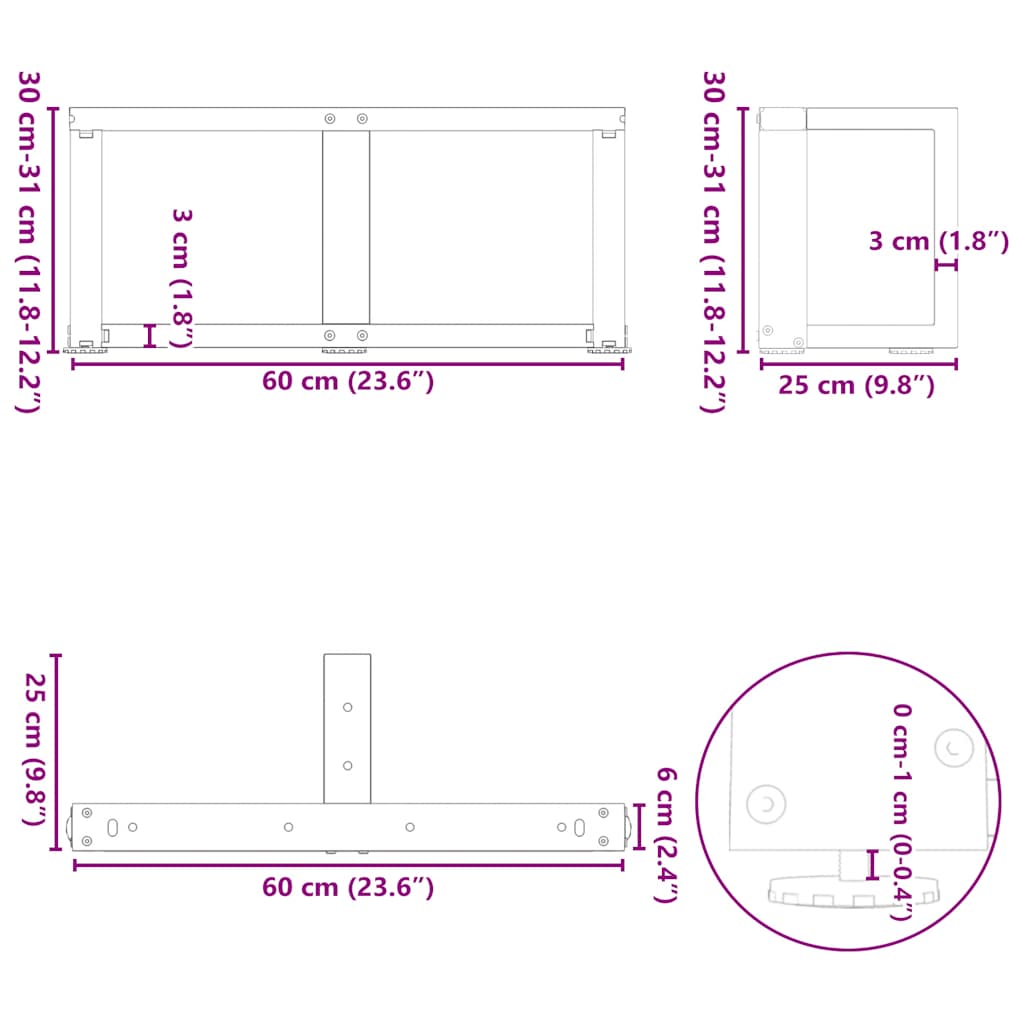 Salontafelpoten 2 st T-vormig 60x25x(30-31) cm staal zwart