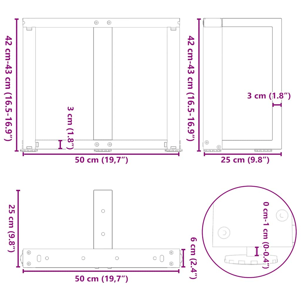 Salontafelpoten 2 st T-vormig 50x25x(42-43) cm staal zwart