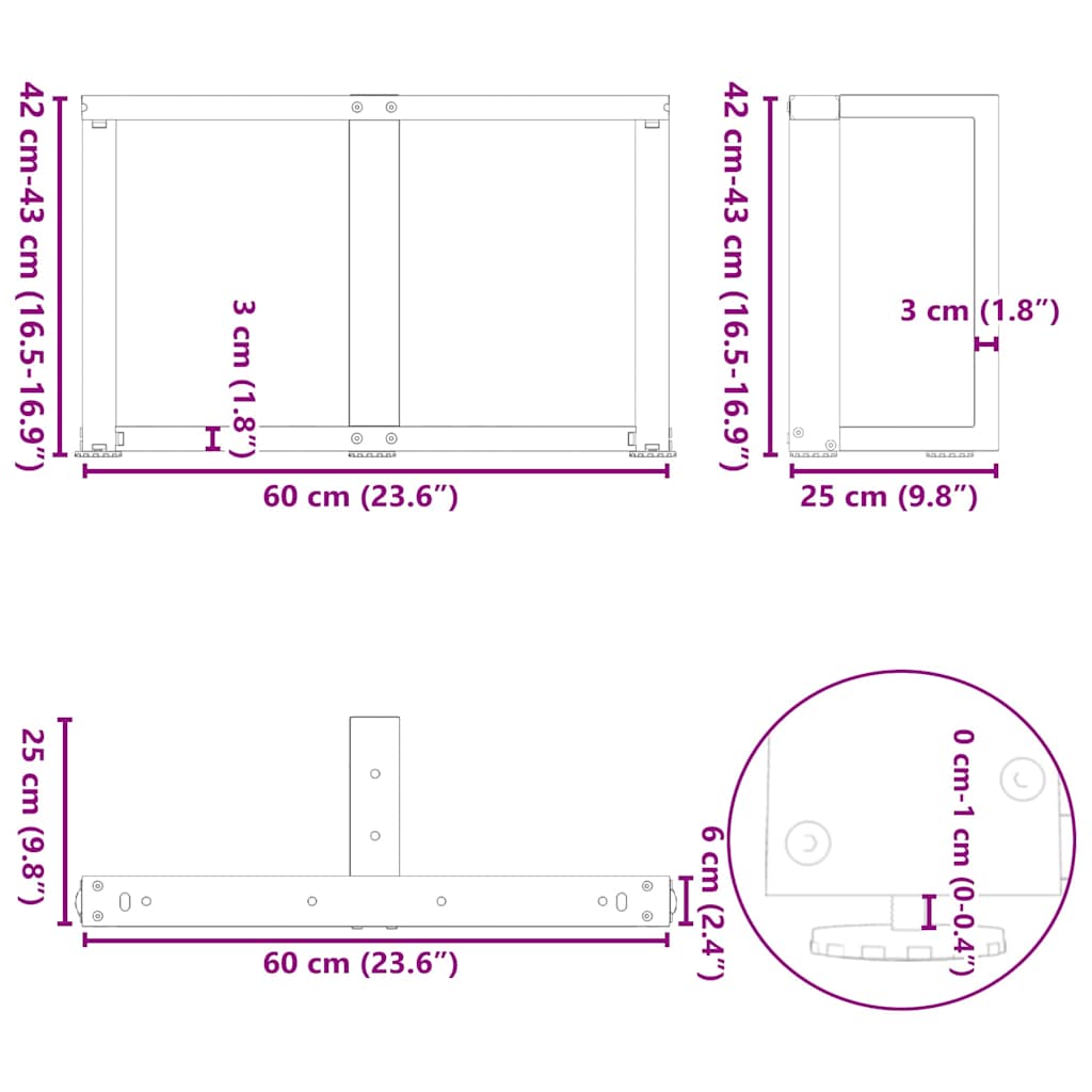 Salontafelpoten 2 st T-vormig 60x25x(42-43) cm staal zwart