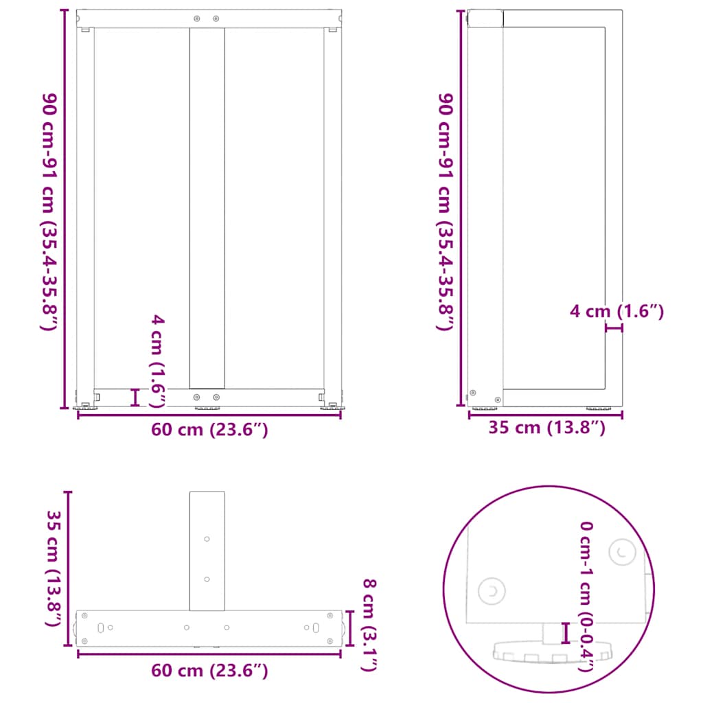 Bartafelpoten 2 st T-vormig 60x35x(91-92) cm staal wit