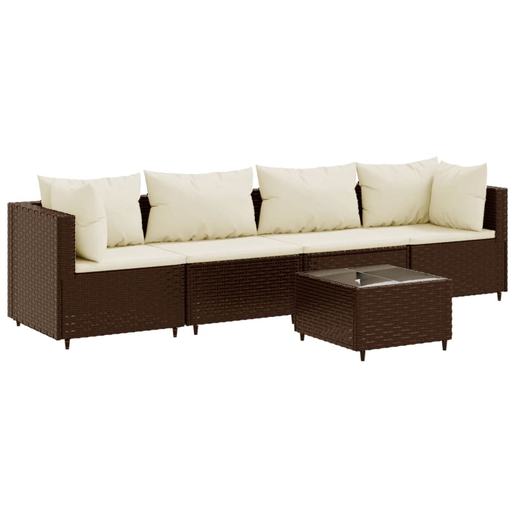 5-delige Loungeset met kussens poly rattan bruin