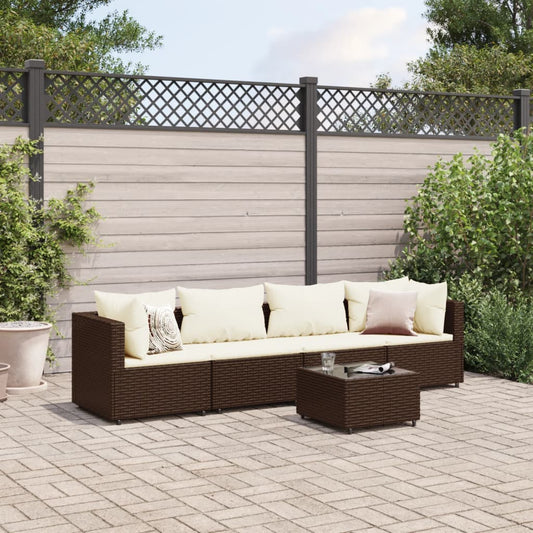 5-delige Loungeset met kussens poly rattan bruin