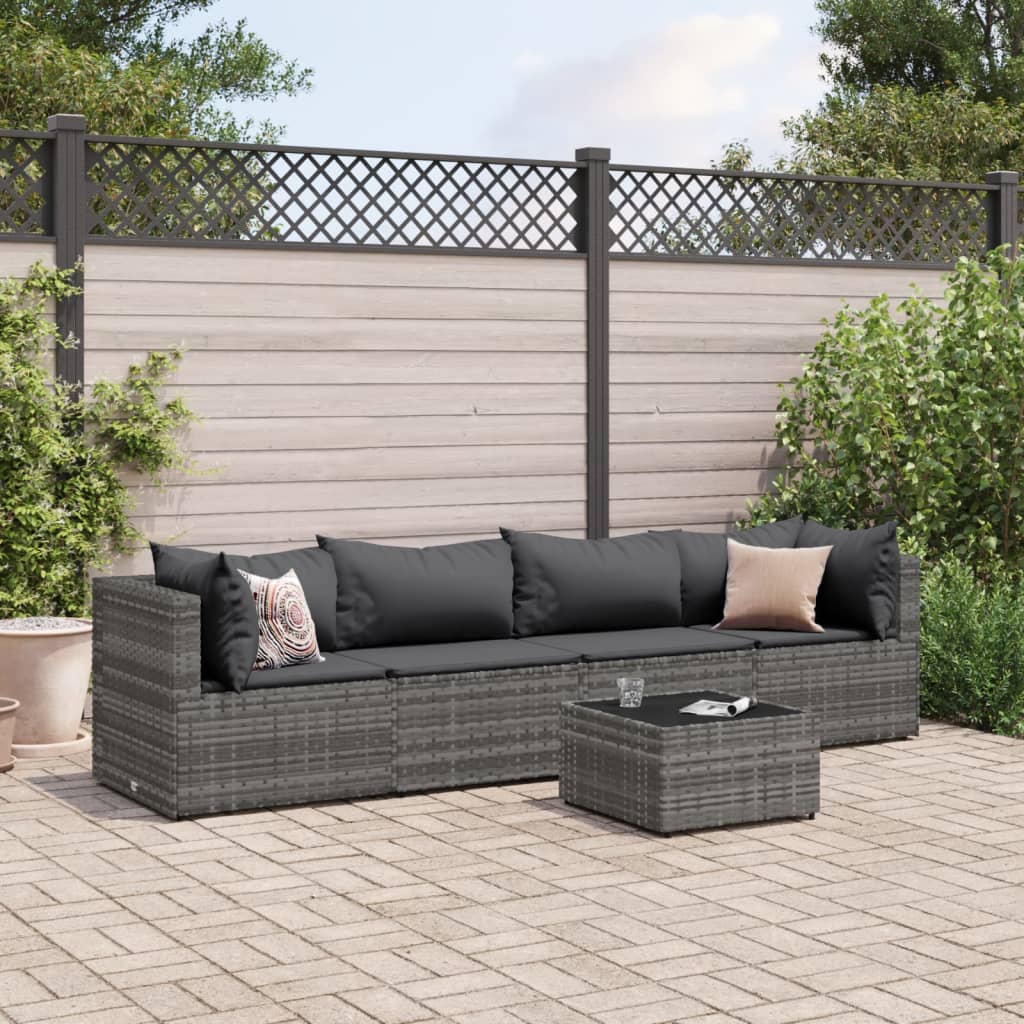 5-delige Loungeset met kussens poly rattan grijs Tuinsets | Creëer jouw Trendy Thuis | Gratis bezorgd & Retour | Trendy.nl