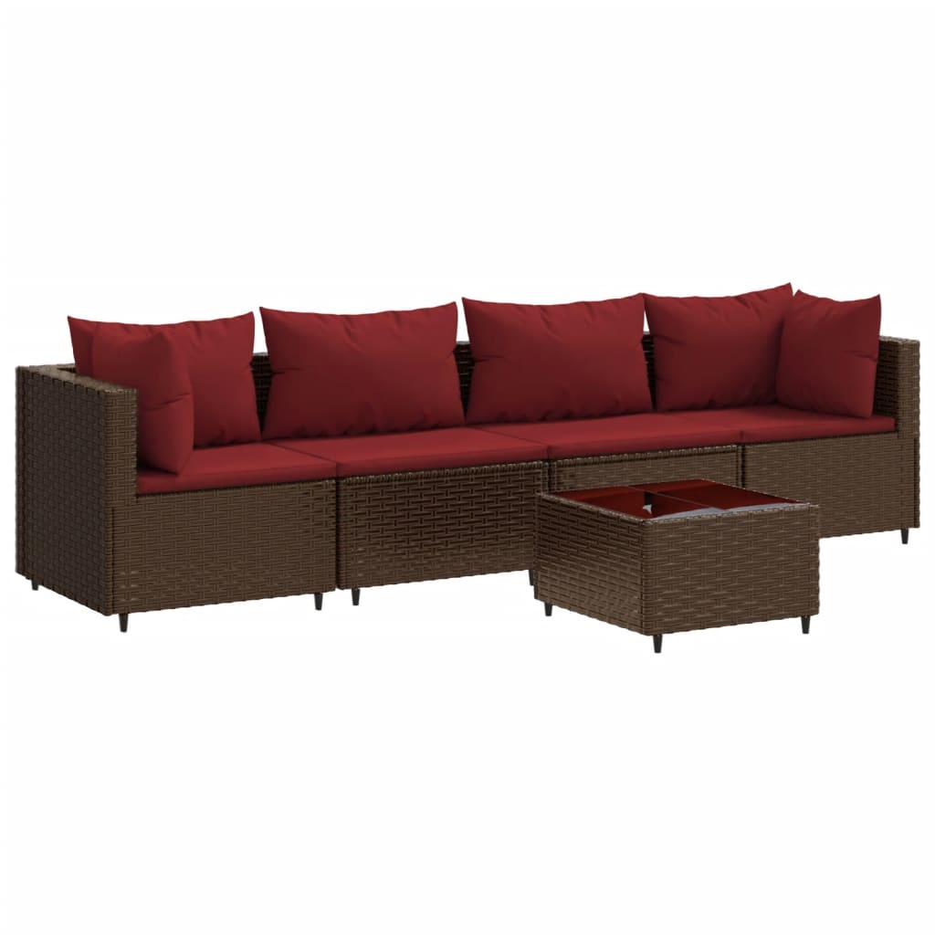 5-delige Loungeset met kussens poly rattan bruin