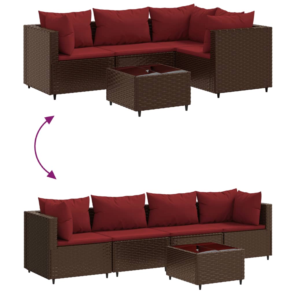 5-delige Loungeset met kussens poly rattan bruin